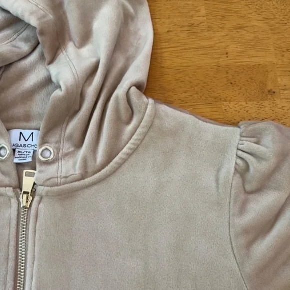 XL Magaschoni Hoodie Velvet Velour Teddy Zip Terry Jacket Taupe Beige Sweater - Picture 7 of 13